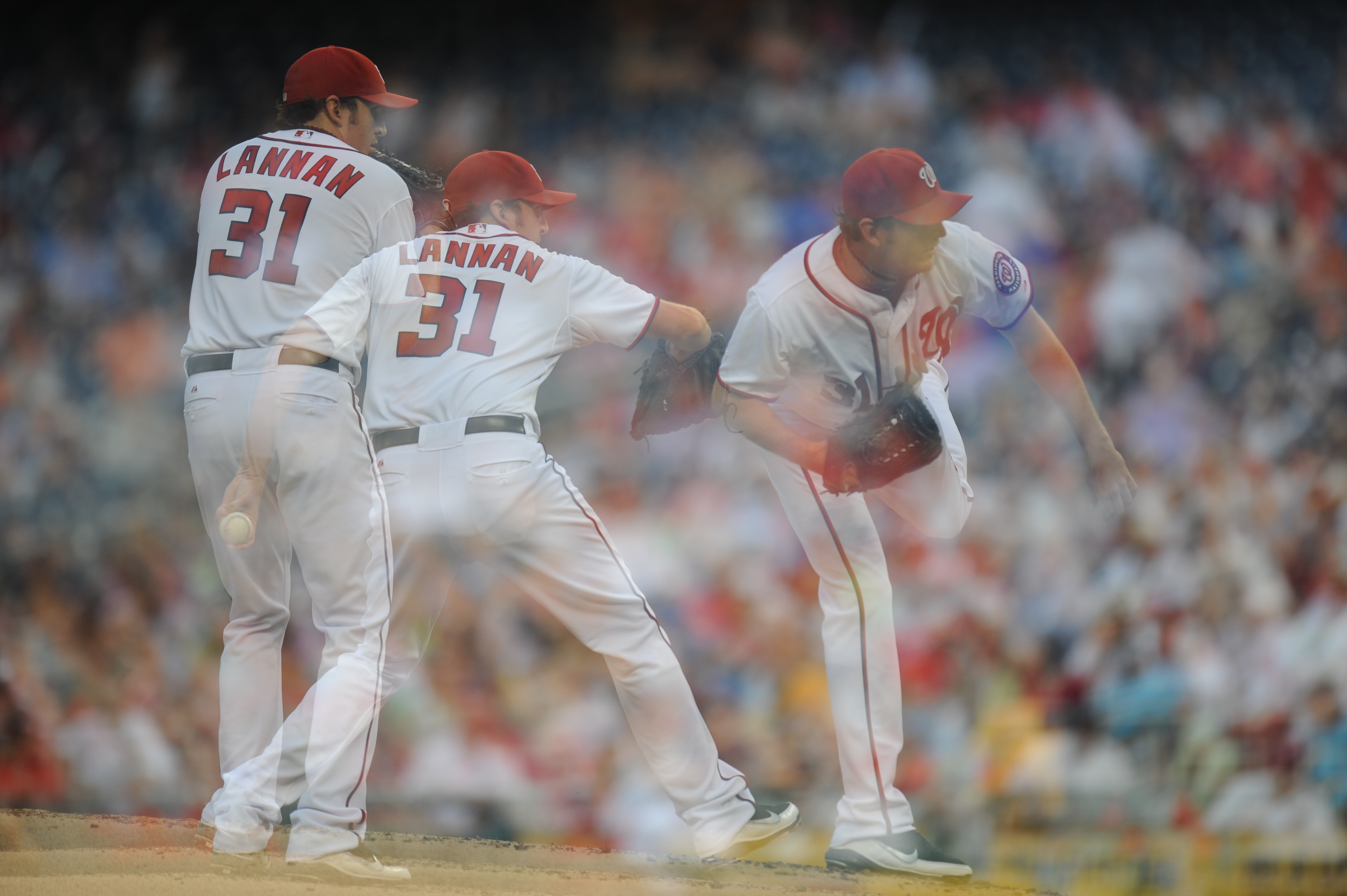 Multi-exposure photo of John Lannan's pitching delivery for the Washington Nationals
